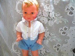 17'' JOINTED PLASTIC VINTAGE GERMAN BOY DOLL,SNAPPY OUTFIT